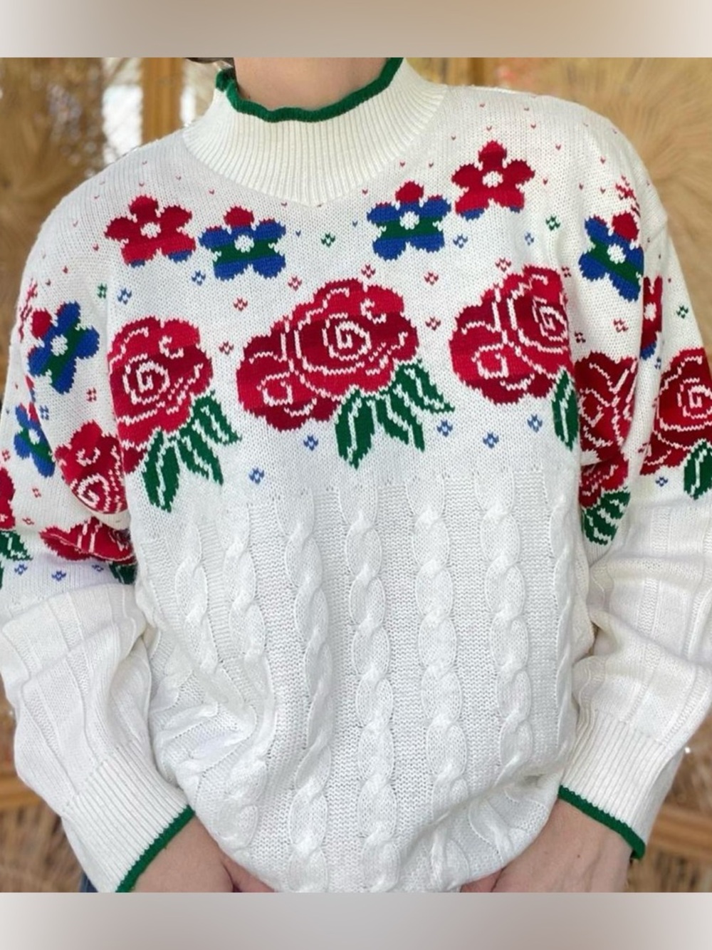 Alberoy Vintage 80s Floral Cream Tone Knit Pink Red Floral Rose Mockneck Sweater